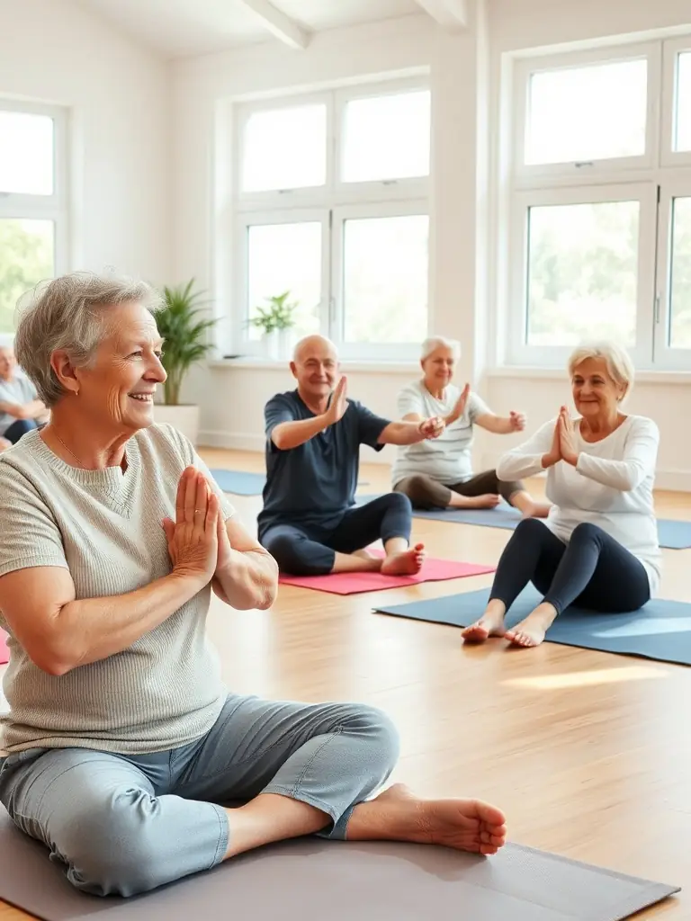 A heartwarming image of seniors participating in a gentle exercise class, promoting health and well-being within the community.