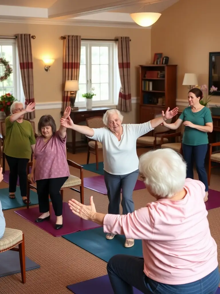 A group of seniors participating in a gentle exercise class, led by a qualified instructor, focusing on mobility and balance, in a comfortable and supportive setting. This image represents the senior wellness programs offered by ASSOC SPORT ET CULTUR DE L IMAREL.