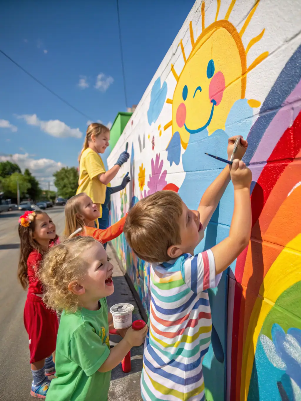 A picture of children painting murals in a community center, highlighting the creative and artistic activities offered by the association.