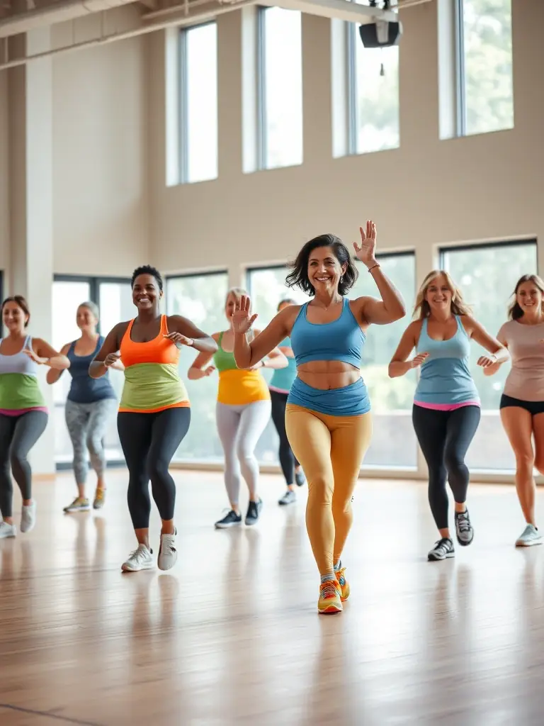 A diverse group of adults participating in a Zumba class, following the instructor's lead with enthusiasm and energy, in a brightly lit studio. This image represents the fitness and wellness activities offered by ASSOC SPORT ET CULTUR DE L IMAREL.