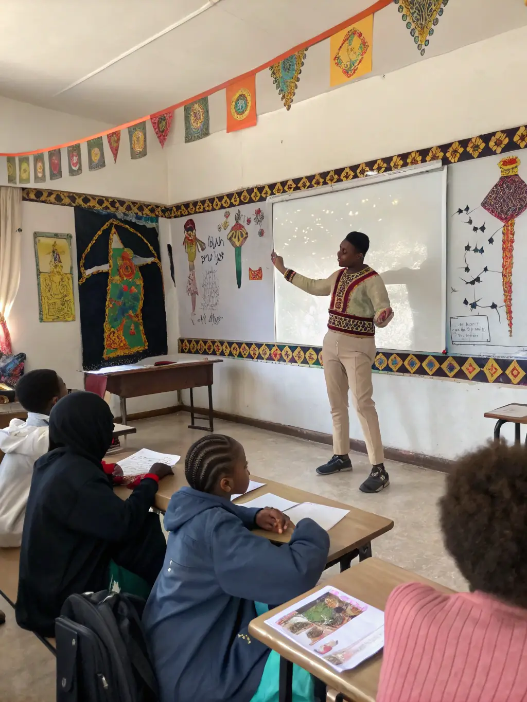 Participants in a cultural dance workshop, learning traditional dance steps from an instructor, with colorful costumes and traditional musical instruments visible. This image represents the cultural expression workshops offered by ASSOC SPORT ET CULTUR DE L IMAREL.