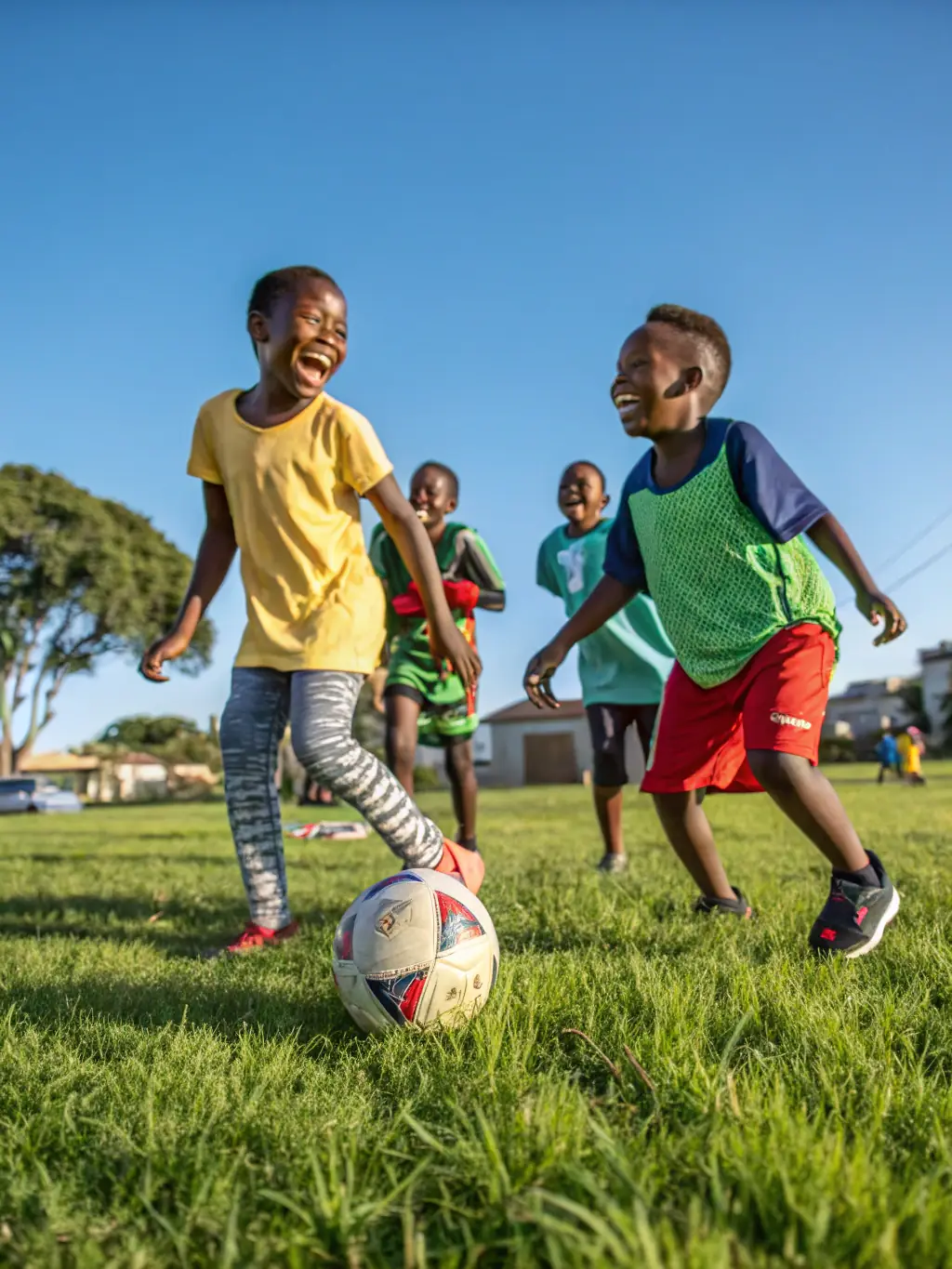 A vibrant photograph capturing children participating in a soccer clinic organized by ASSOC SPORT ET CULTUR DE L IMAREL, showcasing teamwork and active engagement.