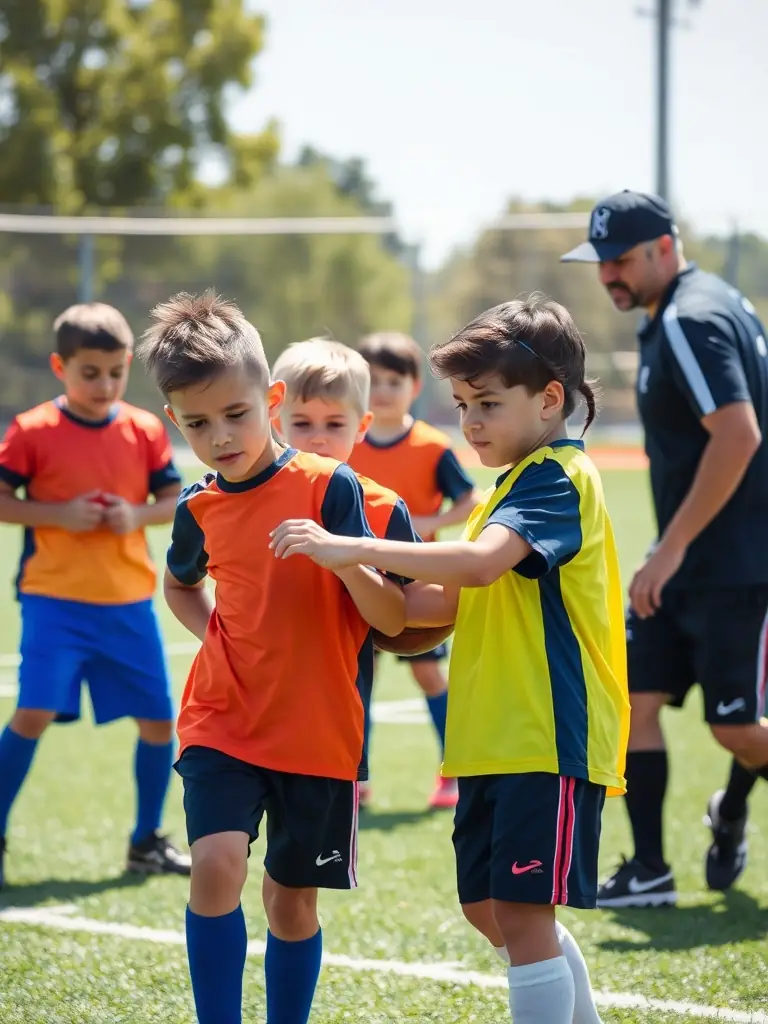 A group of children participating in a soccer training session, wearing sports uniforms and actively engaged in drills, with a coach providing guidance in the background. This image represents the community sports programs offered by ASSOC SPORT ET CULTUR DE L IMAREL.