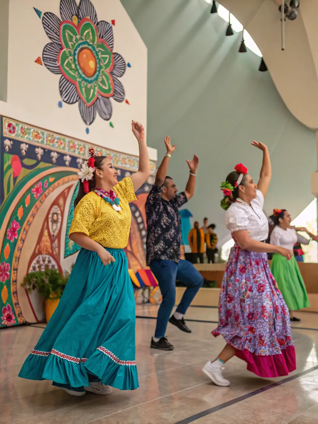 An engaging image of a diverse group of people participating in a traditional dance workshop, with colorful costumes and lively expressions, representing the Cultural Expression Workshops.