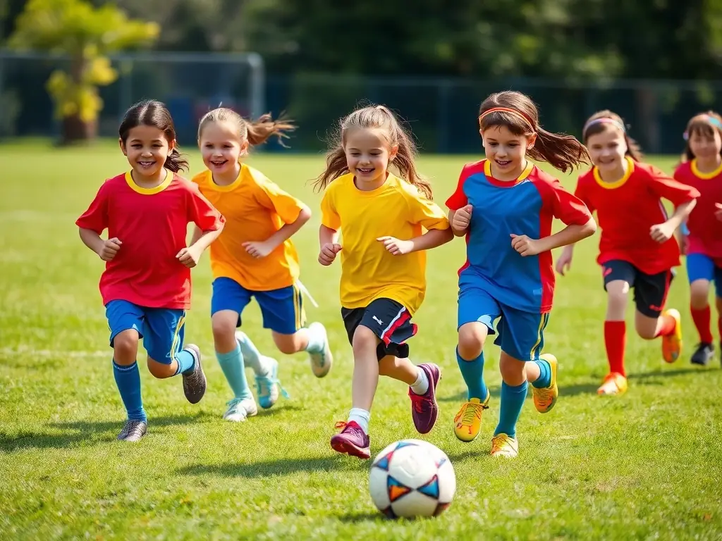 A vibrant image depicting children participating in a soccer game organized by ASSOC SPORT ET CULTUR DE L IMAREL, showcasing teamwork and physical activity.