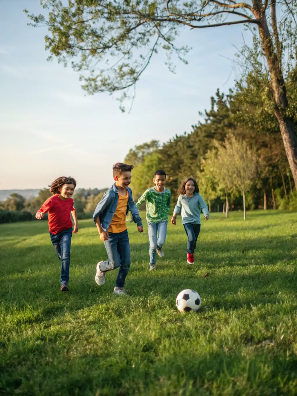 A vibrant image of children and adults playing soccer in a well-maintained community field, smiling and enjoying the game, representing the Community Sports Programs.