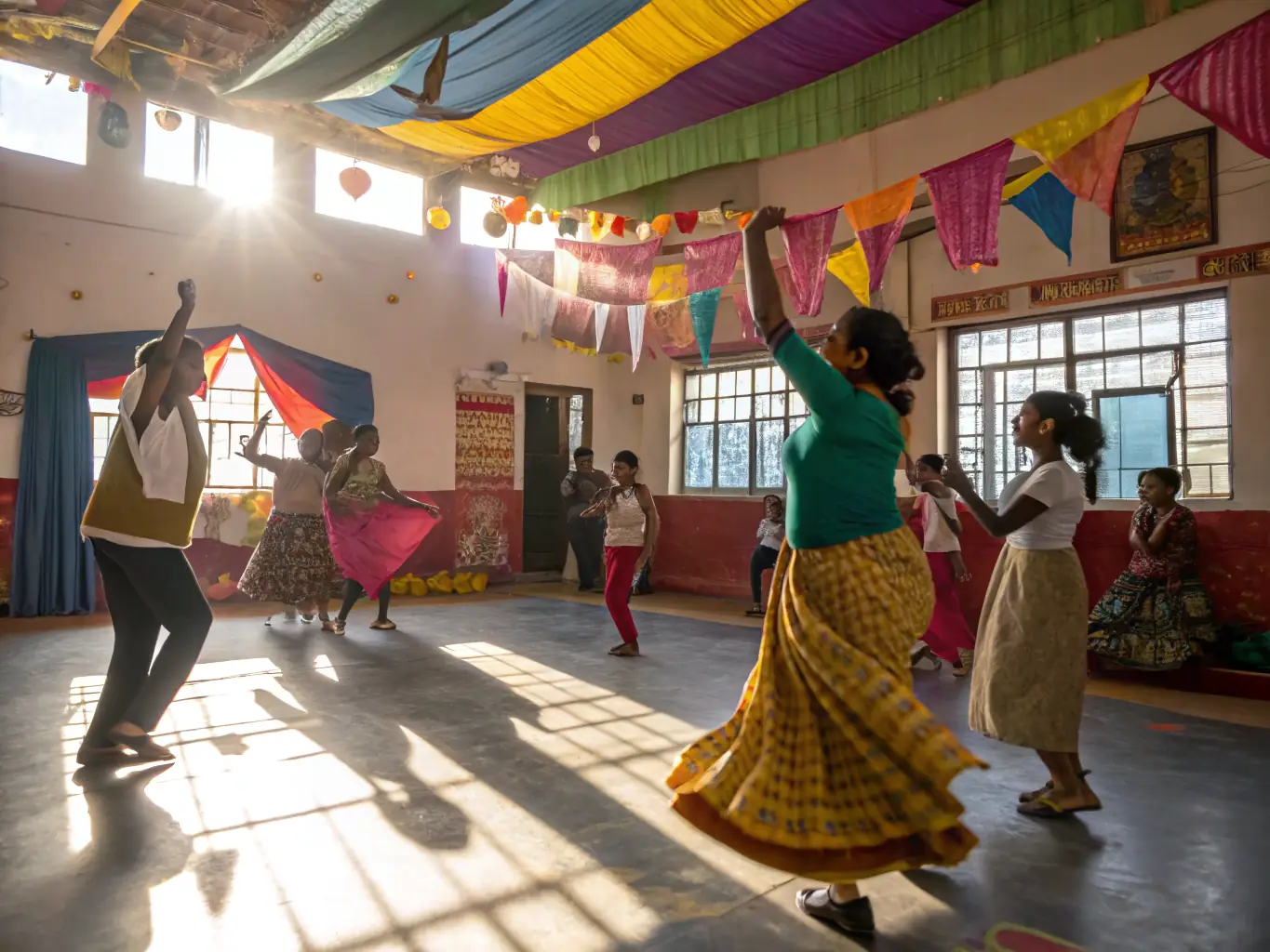An image showing participants engaged in a cultural dance workshop, highlighting the expression and celebration of cultural heritage.